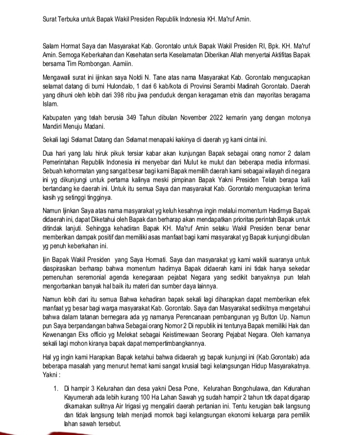 Surat terbuka yang ditulis Noldi N Tane, warga Kabupaten Gorontalo untuk Wapres Ma'ruf Amin