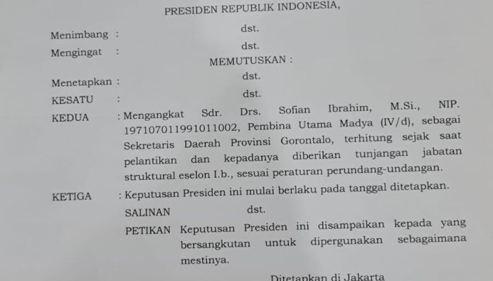 Drs Sofian Ibrahim Ditetapkan Sekretaris Daerah Provinsi Gorontalo